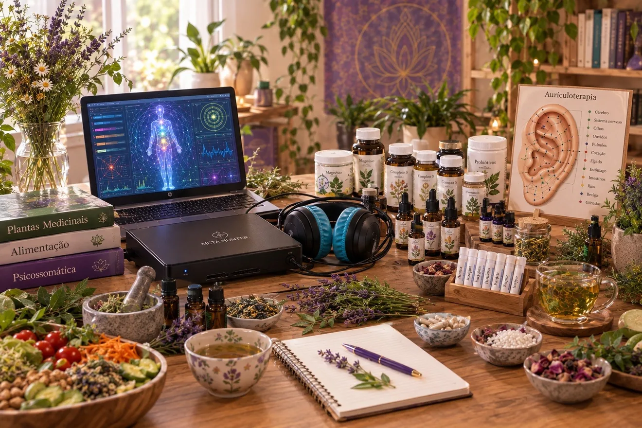 Mesa com o portátil da biorressonância, auscultadores, suplementos, plantas e um mapa de auriculoterapia